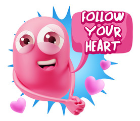 3d Rendering. Emoji in love with hearts shapes saying Follow You