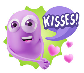 3d Rendering. Emoji in love with hearts shapes saying Kisses wit