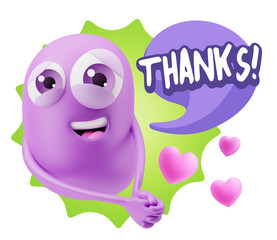 3d Rendering. Emoji in love with hearts shapes saying Thanks wit