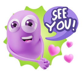 3d Rendering. Emoji in love with hearts shapes saying See You wi