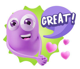 3d Rendering. Emoji in love with hearts shapes saying Great with