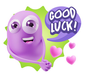3d Rendering. Emoji in love with hearts shapes saying Good Luck