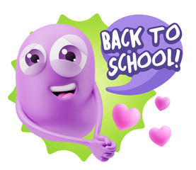 3d Rendering. Emoji in love with hearts shapes saying Back To Sc