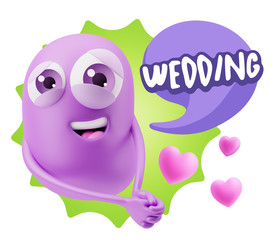 3d Rendering. Emoji in love with hearts shapes saying Wedding wi