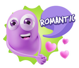 3d Rendering. Emoji in love with hearts shapes saying Romantic w