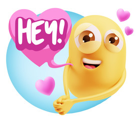 3d Rendering. Emoji in love with hearts shapes saying Hey with C