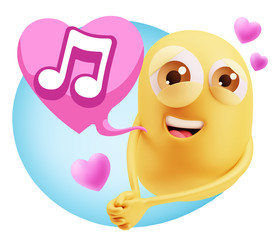 3d Rendering. Emoji in love with hearts shapes saying Music Symb