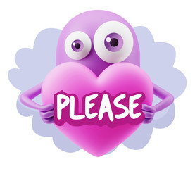 3d Rendering. Love Emoticon Face Holding Heart saying Please wit