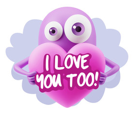3d Rendering. Love Emoticon Face Holding Heart saying I Love You