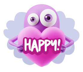 3d Rendering. Love Emoticon Face Holding Heart saying Happy with