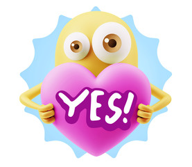 3d Rendering. Love Emoticon Face Holding Heart saying Yes with C