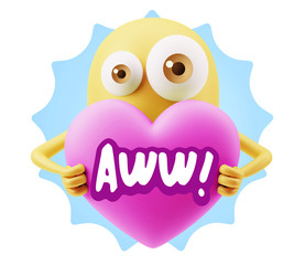 3d Rendering. Love Emoticon Face Holding Heart saying Awww with