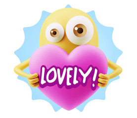 3d Rendering. Love Emoticon Face Holding Heart saying Lovely wit