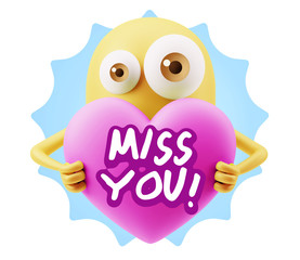 3d Rendering. Love Emoticon Face Holding Heart saying Miss You w