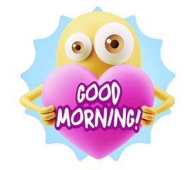 3d Rendering. Love Emoticon Face Holding Heart saying Good Morni