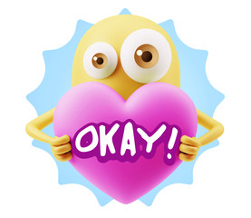 3d Rendering. Love Emoticon Face Holding Heart saying Okay with