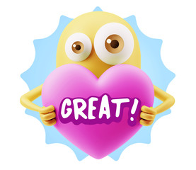 3d Rendering. Love Emoticon Face Holding Heart saying Great with