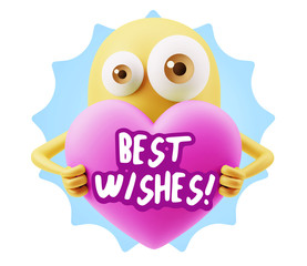 3d Rendering. Love Emoticon Face Holding Heart saying Best Wishe