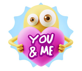 3d Rendering. Love Emoticon Face Holding Heart saying You And Me