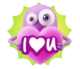 3d Rendering. Love Emoticon Face Holding Heart saying I Love U w