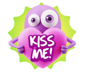 3d Rendering. Love Emoticon Face Holding Heart saying Kiss Me wi