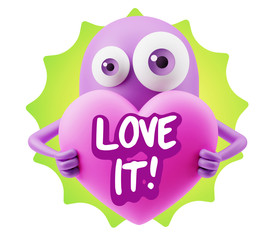 3d Rendering. Love Emoticon Face Holding Heart saying Love It wi