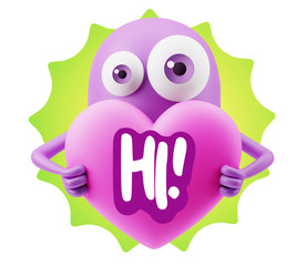 3d Rendering. Love Emoticon Face Holding Heart saying Hi with Co