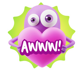 3d Rendering. Love Emoticon Face Holding Heart saying Awww with