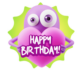 3d Rendering. Love Emoticon Face Holding Heart saying Happy Birt