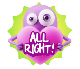 3d Rendering. Love Emoticon Face Holding Heart saying All Right