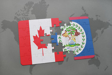 puzzle with the national flag of canada and belize on a world map background.