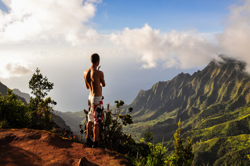 Young male topless tourist in swimming trunks overlooking Kalalau Valley at stunning Na Pali Coast on the eass side of the island of Kauai, Hawaii, USA. Tourist seen from the back. Spectacular view. - obrazy, fototapety, plakaty