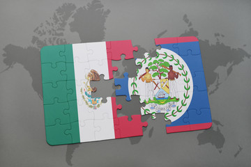 puzzle with the national flag of mexico and belize on a world map background.