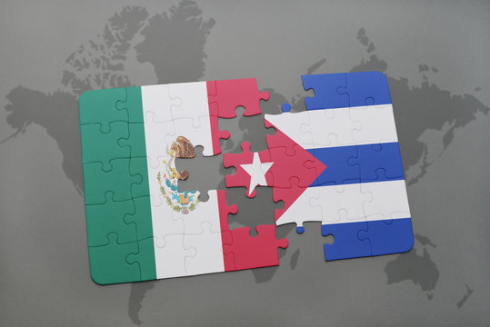 puzzle with the national flag of mexico and cuba on a world map background.