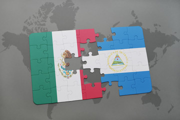 puzzle with the national flag of mexico and nicaragua on a world map background.