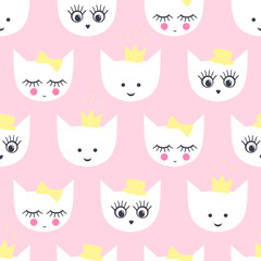 Kitty seamless pattern. Baby style illustration with white cats with hat, crowns, eyes, lashes, lips on pink background for kids holidays. Cute design for textile, wallpaper, web, fabric etc. - 116978696