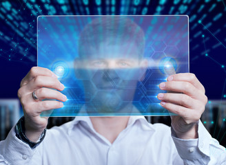 Businessman touching a dashboard with key performance indicator