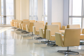  close up of hotel interior with tables and chairs