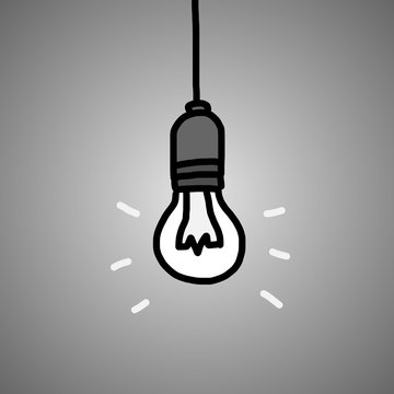 light bulb hanging / cartoon vector and illustration, grayscale, hand drawn style, isolated on dark background.