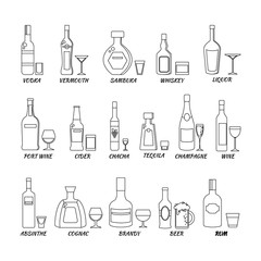 Collection of bottles of alcohol in a line style. Icons vector illustration.