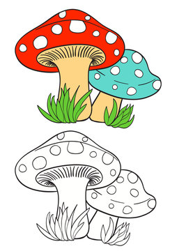 cartoon mushrooms and grass on white with coloring page version.