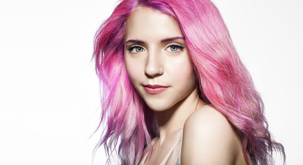 Naklejka premium beautiful girl with fluttering hair color pink