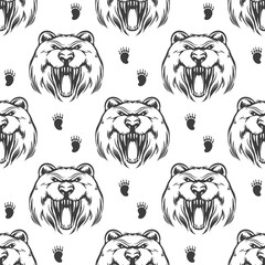Seamless pattern with hand drawn grizzly bear head and bear footprints. Vector illustration