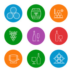 Wine line icons set vector. Barrels, glasses, grape and bottle