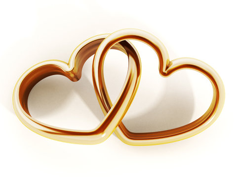 Gold heart shaped rings attached to each other. 3D illustration