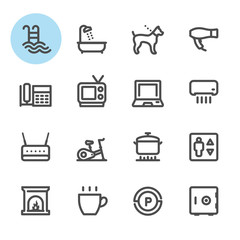 Hotel and Hotel Amenities Services icons with White Background