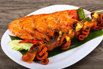 Skewer with octopus and prawn