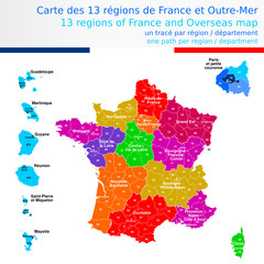 Carte des 13 régions de France et outre-mer colorée avec  le nom des régions, chef lieux de région et numéros des départements
Un tracé autonome par région / département