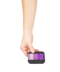 Professional make-up brush cosmetic, in female hand beautician isolated on, white background