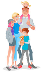Smiling cartoon family with three kids and pet. Vector illustration isolated on white background.